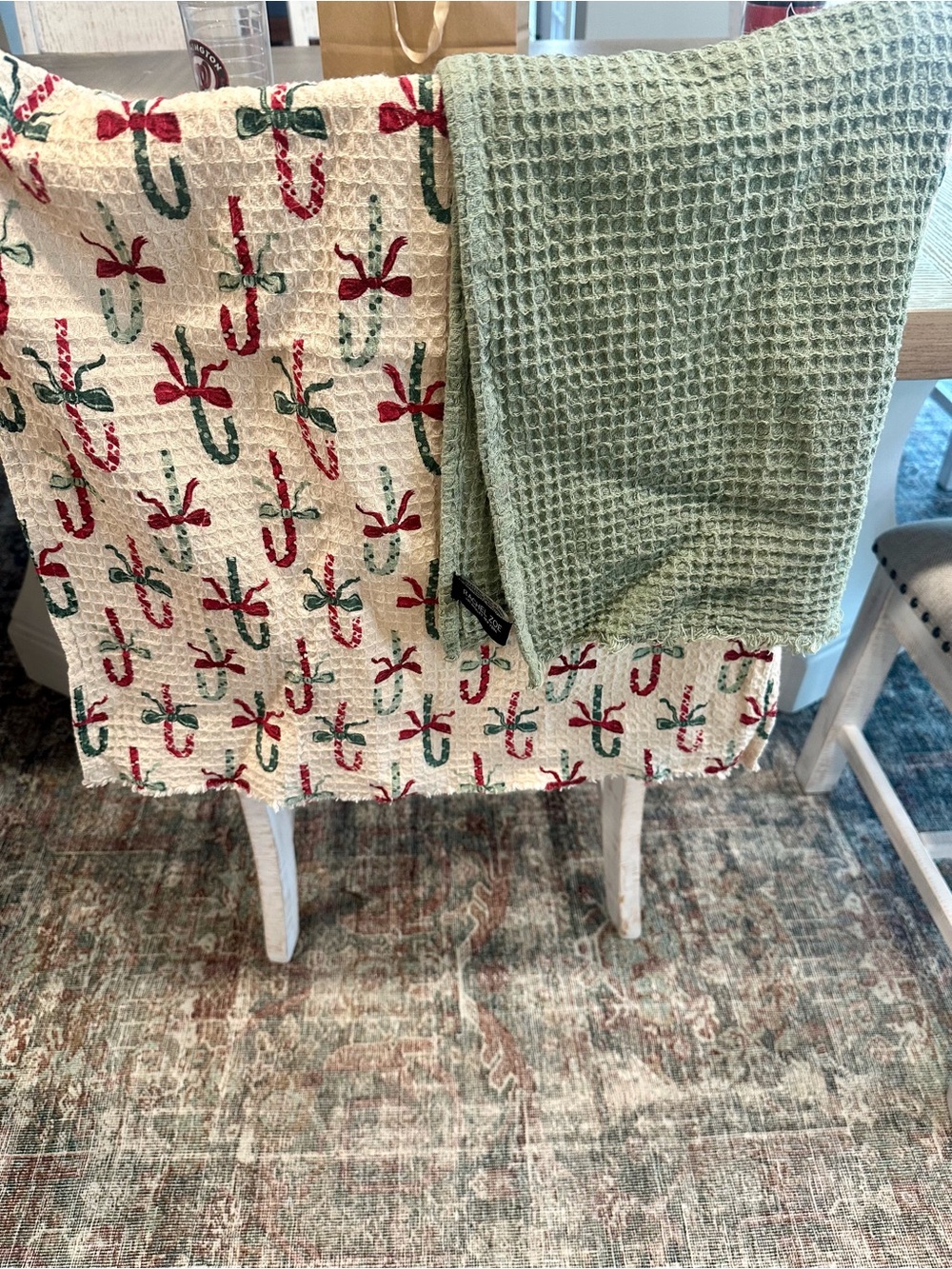 Rachel Zoe Green Waffle-Weave and Candy Cane Print Kitchen Towels